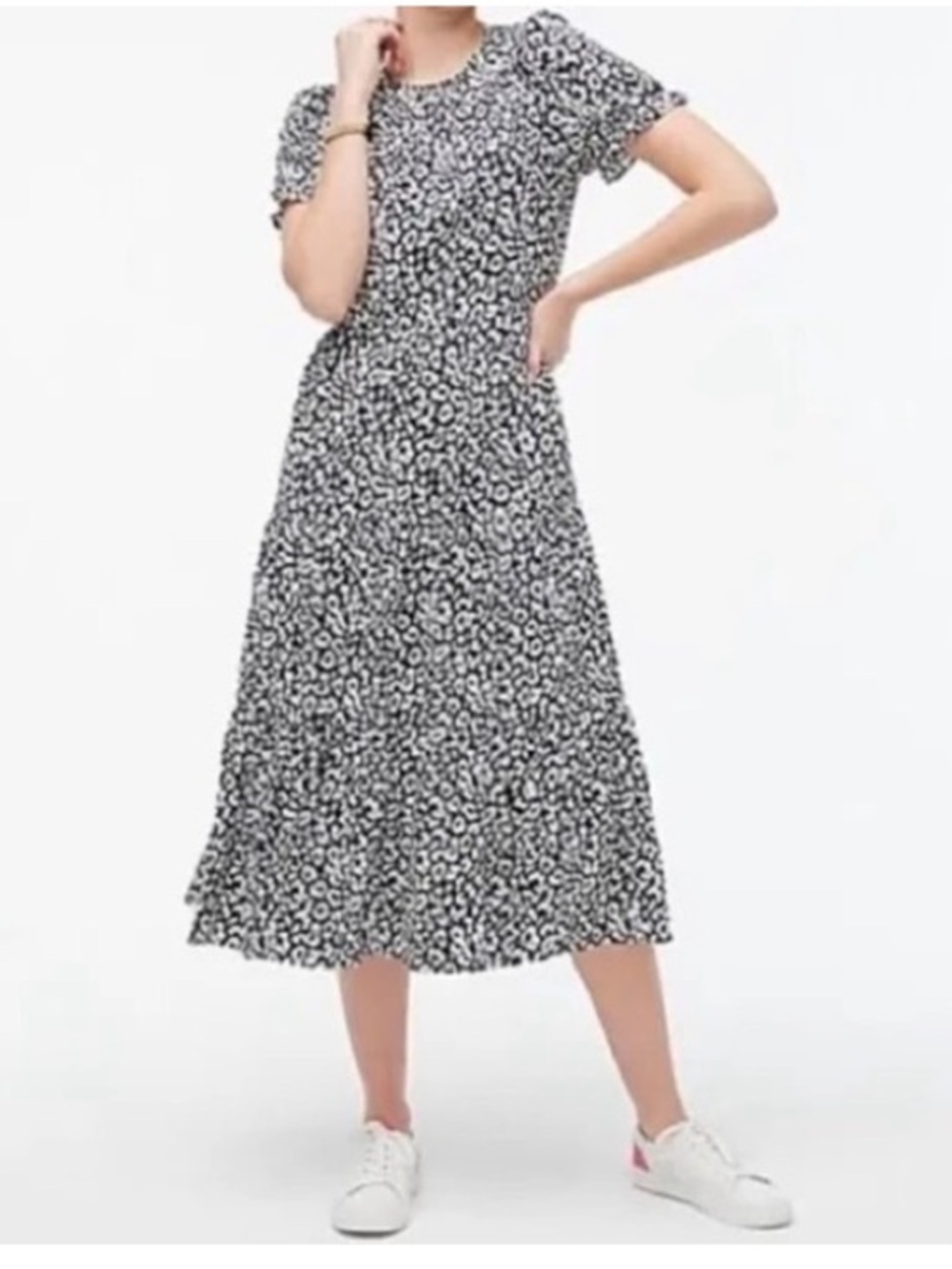 J. Crew Factory • Puff Sleeve Animal Print Tiered Midi Dress Blue XS NWT